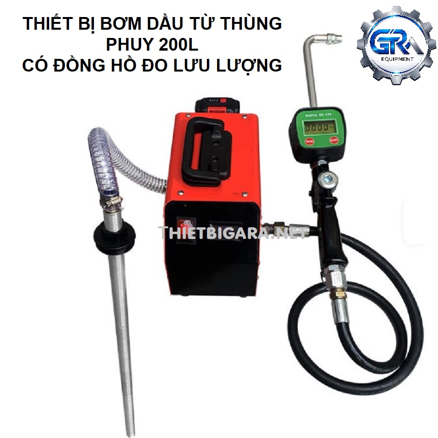 Thiết Bị Bơm Dầu Từ Thùng Phuy 200L Dùng Pin Có Đồng Hồ Đo